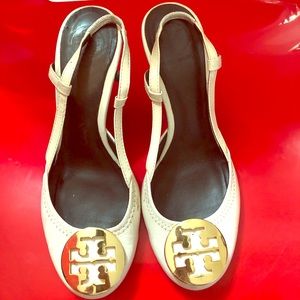 Tory Burch White and Gold Slingbacks